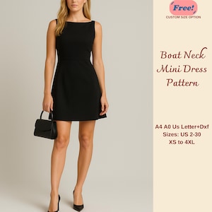 May include: A black boat neck mini dress with a flared skirt, worn with black heels and a matching handbag. The image includes text that reads "Boat Neck Mini Dress Pattern" and "Sizes: US 2-30 XS to 4XL".