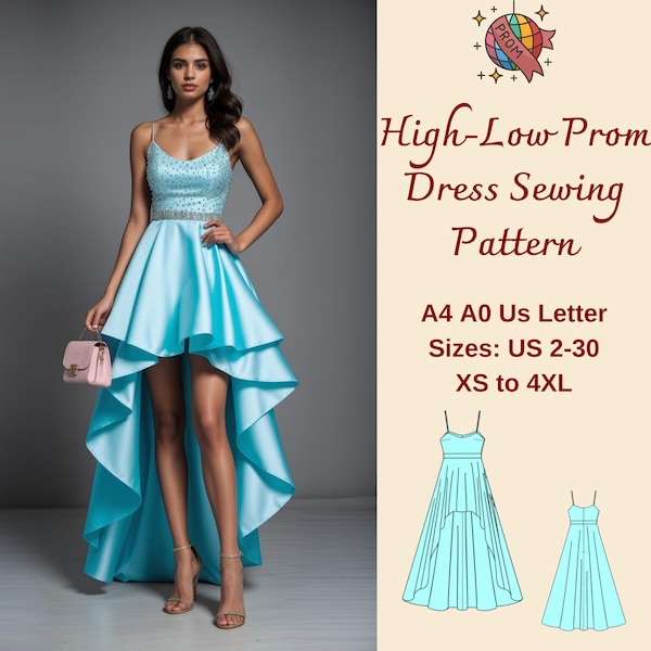 High-Low Prom Dress Sewing Pattern, Homecoming Dress, Cocktail Dress, Ball Gown Pattern, Evening Gown Pattern, Graduation Dress, XS-4XL