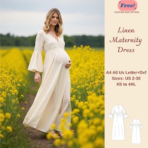 Könnte beinhalten: Ein weißes Leinen-Mutterkleid mit langen Ärmeln und V-Ausschnitt. Das Kleid wird an einem Model in einem Feld mit gelben Blumen gezeigt. Das Bild enthält auch ein Schnittmuster für das Kleid in den Größen US 2-30, XS bis 4XL. Kostenlos! Option für individuelle Größen.