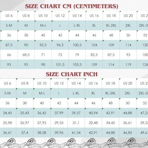Op de afbeelding: Maattabel in centimeters en inches, met afmetingen voor borst/borstkas, taille en heupen. Inclusief US, Internationale en Europese (EU) maten, van XS tot 4XL+.