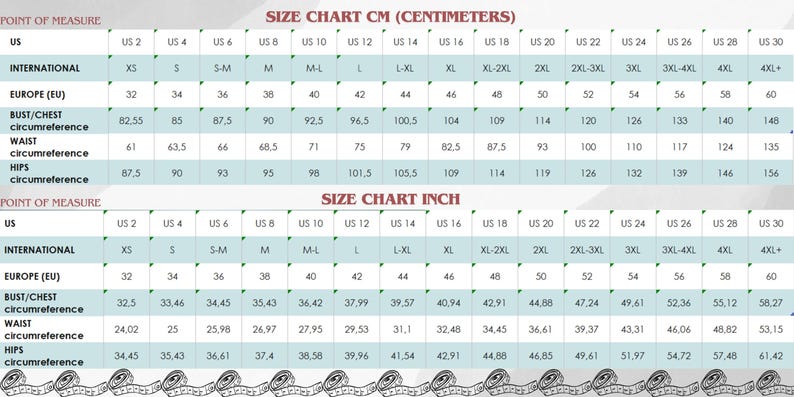 Op de afbeelding: Maattabel in centimeters en inches, met afmetingen voor borst/borstkas, taille en heupen. Inclusief US, Internationale en Europese (EU) maten, van XS tot 4XL+.