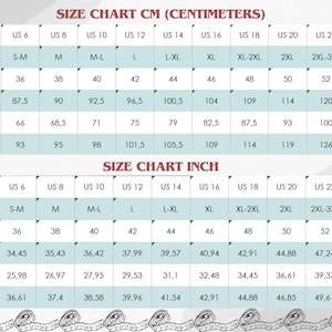 May include: Size chart in centimeters and inches for clothing. The chart shows measurements for bust, waist, and hips in both centimeters and inches. The chart includes sizes from XS to 4XL+.