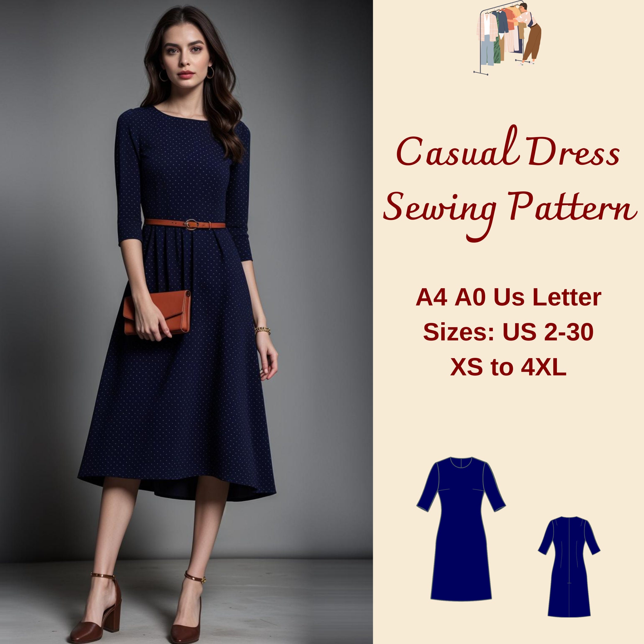 navy blue dress for baby girl A-line Midi Dress Sewing Pattern: Women's Casual Style XS-4XL (PDF Pattern