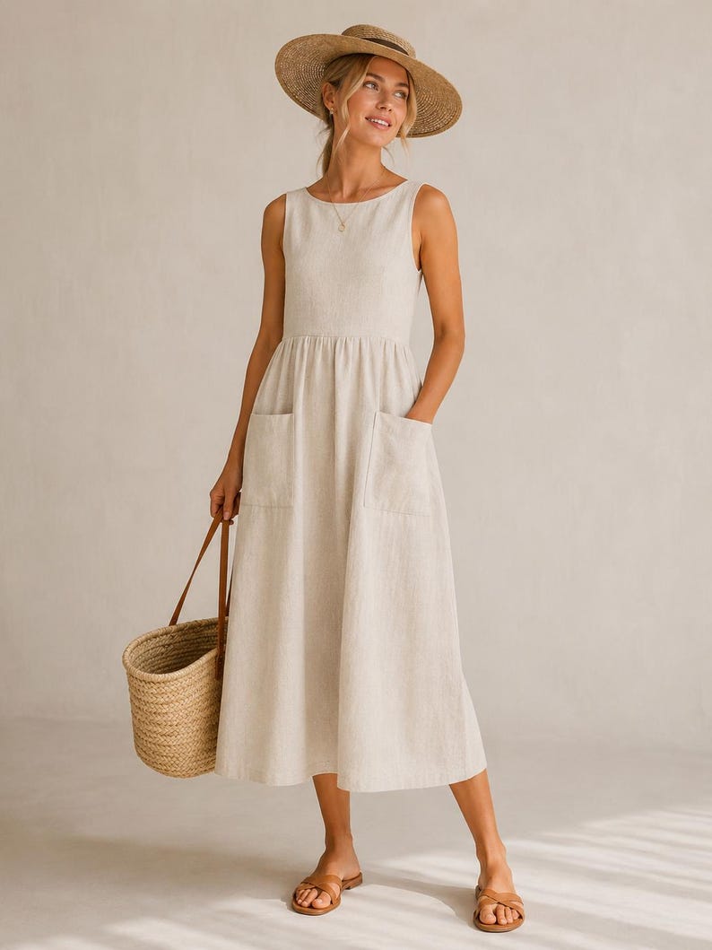 May include: A sleeveless midi dress in a light beige color featuring a round neckline, a fitted bodice, and a gathered skirt with two large front patch pockets. The outfit includes a wide-brimmed straw hat, tan leather sandals, and a woven straw tote bag.
