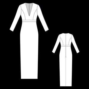 Pu&ograve; includere: Un abito bianco a maniche lunghe con una scollatura a V profonda e una silhouette aderente. L'abito ha una cucitura in vita e una cerniera sul retro.