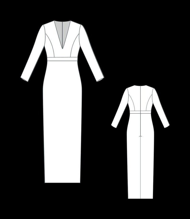 Pu&ograve; includere: Un abito bianco a maniche lunghe con una scollatura a V profonda e una silhouette aderente. L'abito ha una cucitura in vita e una cerniera sul retro.