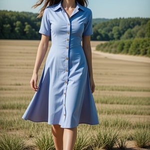 May include: A woman wearing a light blue button-down dress with short sleeves and a knee-length skirt. She is walking in a field with tall grass.