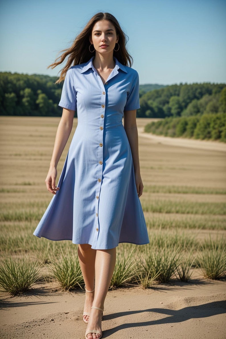 May include: A woman wearing a light blue button-down dress with short sleeves and a knee-length skirt. She is walking in a field with tall grass.