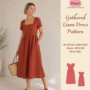 Puede incluir: Un vestido de lino color óxido con fruncidos, cuello cuadrado y mangas cortas. El vestido tiene bolsillos y largo midi. La imagen también incluye el texto "Gathered Linen Dress Pattern" y opciones de tallas de XS a 4XL.