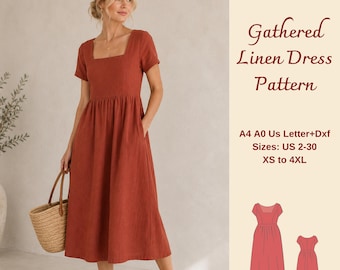 Mönster för klänning med fyrkantig halsringning och rynkad linne, bohemisk midiklänning för kvinnor, XS-4XL