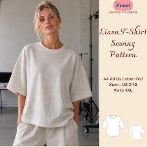 May include: A woman wearing a beige linen T-shirt and matching shorts. The image includes text that reads "Linen T-Shirt Sewing Pattern" with size options from US 2-30 and XS to 4XL. The pattern is a custom size option.