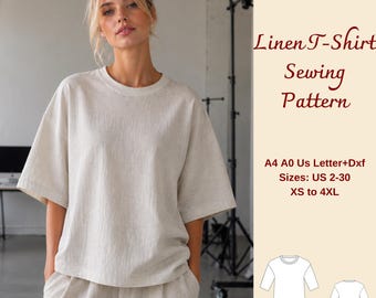 Oversize Linen T-Shirt Sewing Pattern, Linen Blouse, Women Boxy Summer Top, XS-4XL