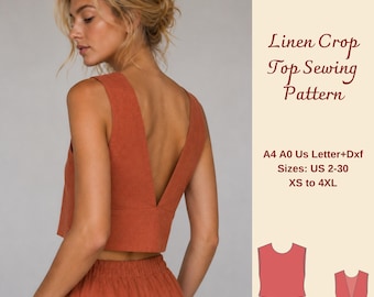 Open Back Linen Crop Top Sewing Pattern, Backless Summer Tank Top, XS-4XL