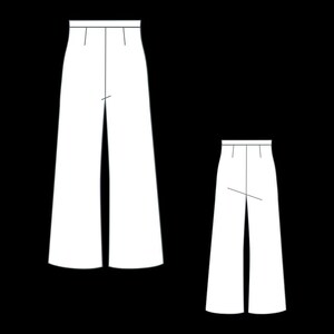 May include: Two pairs of wide-leg pants, one longer than the other, with a simple design.
