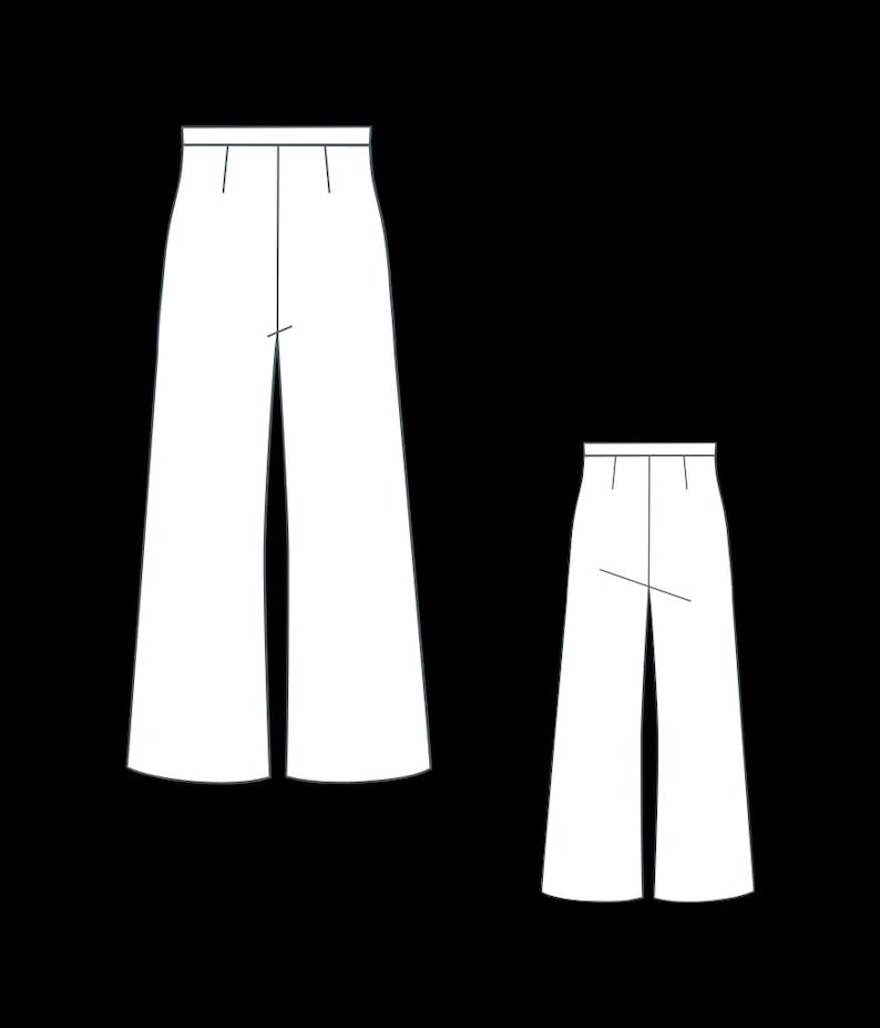 May include: Two pairs of wide-leg pants, one longer than the other, with a simple design.