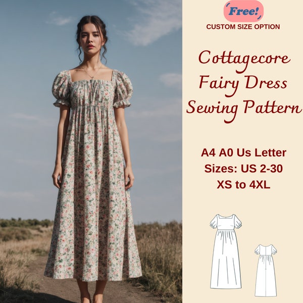 Fairy Cottagecore Dress Sewing Pattern, Gathered Summer Dress, Renaissance Dress, Bridgerton Gown, Regency Dress, Frenchy Dress,  XS-4XL