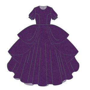 Puede incluir: Ilustraci&oacute;n de un vestido de baile morado con una falda en capas y mangas cortas abullonadas. El vestido presenta l&iacute;neas verticales y detalles decorativos. Es una ilustraci&oacute;n estilizada de un vestido formal.