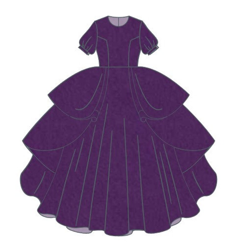 Puede incluir: Ilustraci&oacute;n de un vestido de baile morado con una falda en capas y mangas cortas abullonadas. El vestido presenta l&iacute;neas verticales y detalles decorativos. Es una ilustraci&oacute;n estilizada de un vestido formal.