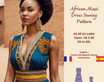 Afrikaanse jurk naaipatroon, boho-jurk, klederdracht, Afrikaanse Ankara-jurk, stamjurk, jurk met V-hals, maxi-cirkeljurk, XS-4XL