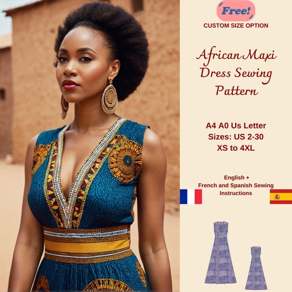African Dress Sewing Pattern, Boho Dress, Traditional Dress, African Ankara Dress, Tribe Dress, V neck Dress, Maxi Circle Dress, XS-4XL