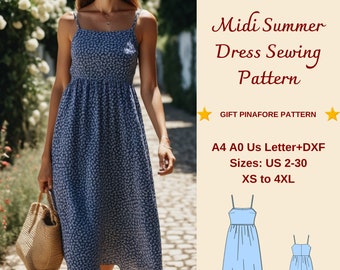 Gerafftes Midi-Sommerkleid-Schnittmuster, Sommerkleid-Muster, Milchmädchenkleid, Kreiskleid, gerafftes Kleid, A4 AO US, XS-4XL