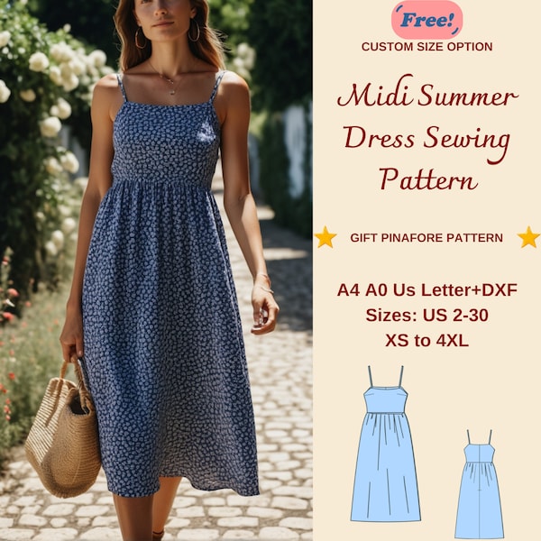 Gerafftes Midi-Sommerkleid-Schnittmuster, Sommerkleid-Muster, Milchmädchenkleid, Kreiskleid, gerafftes Kleid, A4 AO US, XS-4XL