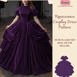 May include: A deep purple Renaissance cosplay dress pattern. The dress features a high neckline, puffed sleeves, and a full skirt. The image includes the text "Renaissance Cosplay Dress Pattern" and size options from US 2-30 and XS to 4XL.
