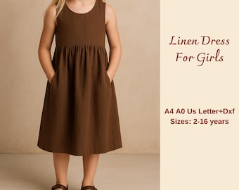 Linen Midi Dress Sewing Pattern For Girls, Kids' Linen Dress Pattern, Linen Dress For Girls, 2 to 16 years, A4 A0 Letter