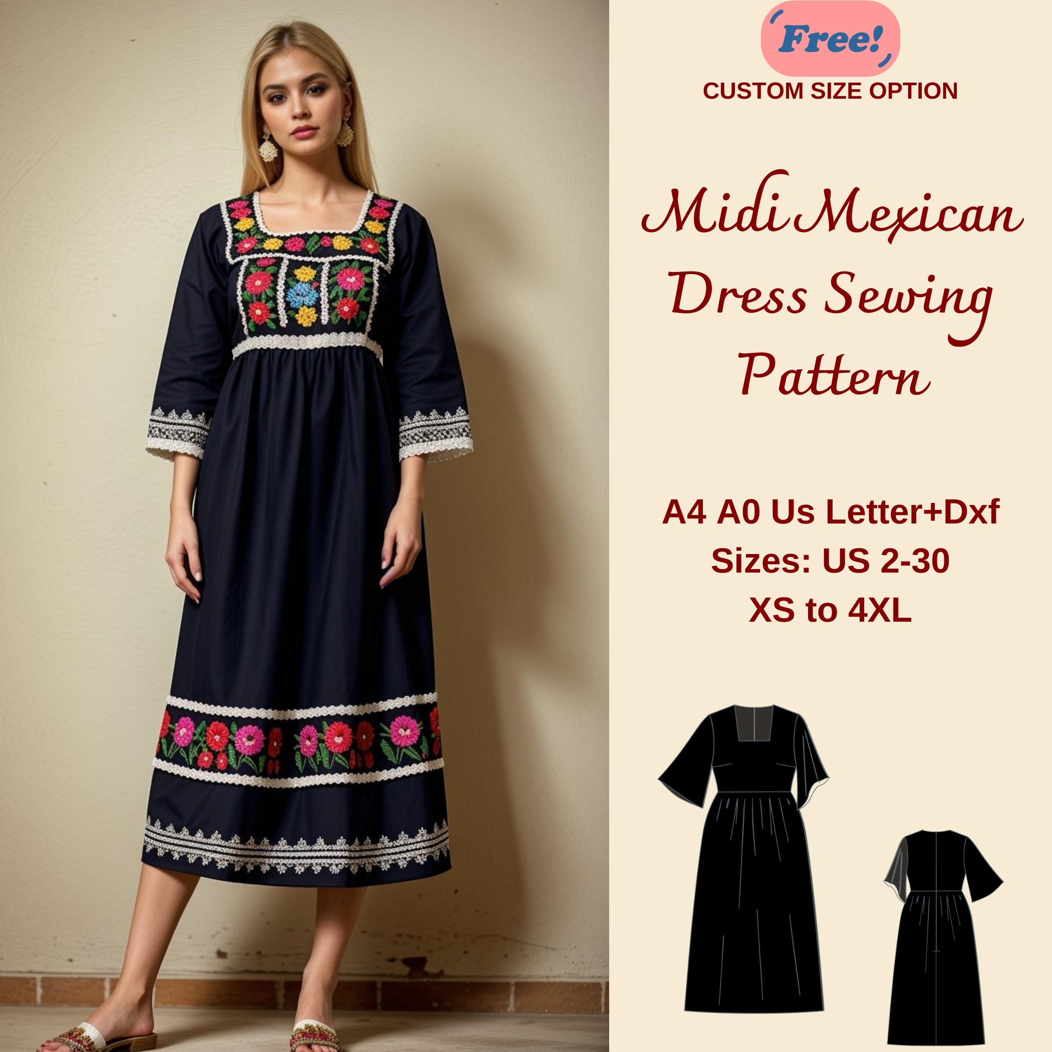 Mexican Floral Embroidered Midi Dress Sewing Pattern (XS-4XL