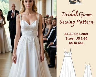 Bridal Gown Sewing Pattern, Wedding Dress, Cocktail Dress Pattern, Prom Dress Pattern, evening gown sewing pattern, A4 A0 US 2-30, XS-4XL