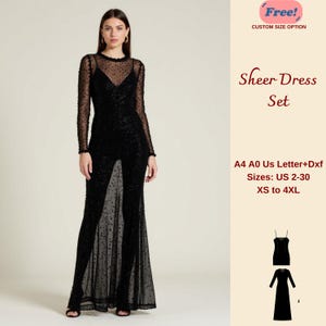 May include: A black sheer dress set with polka dots. The dress has long sleeves and a fitted bodice. The set includes a short dress and a long dress. The text on the image reads "Free! Custom Size Option", "Sheer Dress Set", "A4 A0 Us Letter+Dxf", "Sizes: US 2-30", and "XS to 4XL".