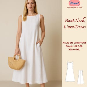 Puede incluir: Un vestido blanco de lino con cuello de barco y sin mangas. El vestido tiene un corte holgado y llega a la mitad de la pantorrilla. El vestido tiene dos bolsillos a los lados. El vestido se muestra en una modelo con un bolso de paja. La imagen también incluye texto que dice "(Free!)" CUSTOM SIZE OPTION, Boat Neck Linen Dress, A4 A0 Us Letter+Dxf, Sizes: US 2-30 XS to 4XL.