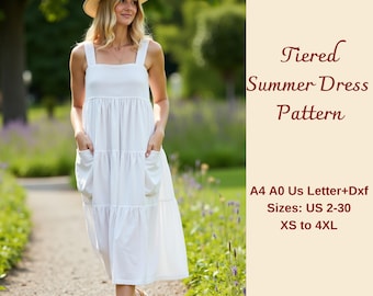 Tiered Midi Dress Sewing Pattern: Linen Sundress, XS-4XL (PDF Pattern)