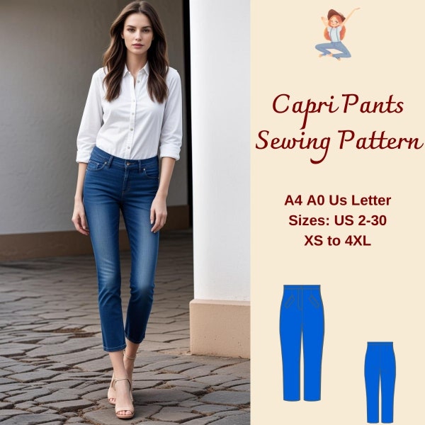 Patrón de costura de pantalones de verano Capri, pantalones slim fit, pantalones casuales, patrón de jeans de mujer, jeans capri, pantalones rectos, A4 A0 XS-4XL US 2-30