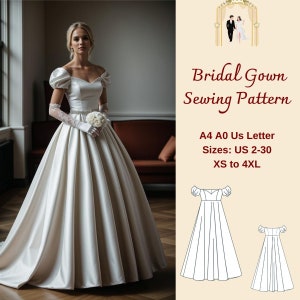 Bridal Gown Sewing Pattern, Heart Neck Bridal Gown, Cocktail Dress Pattern, Bishop Sleeve Wedding Dress evening gown, A4 A0 US 2-30 XS-4XL