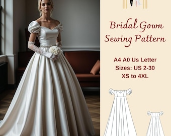 Bridal Gown Sewing Pattern, Heart Neck Bridal Gown, Cocktail Dress Pattern, Bishop Sleeve Wedding Dress evening gown, A4 A0 US 2-30 XS-4XL