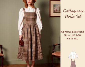 Cottagecore Dress Sewing Pattern: Pinafore & Blouse Set (XS-4XL) (PDF Pattern Bundle