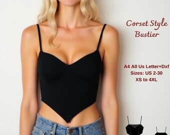 Könnte beinhalten: Ein schwarzes Bustier im Korsett-Stil mit dünnen Trägern und einem Sweetheart-Ausschnitt. Das Oberteil hat einen dreieckigen Saum und wird mit einer blauen Jeans kombiniert. Der Text auf dem Bild lautet "Corset Style Bustier" und "Größen: US 2-30 XS bis 4XL."