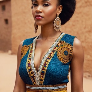 May include: A woman with dark brown skin and a large afro hairstyle wears a sleeveless dress with a deep V-neckline. The dress is teal blue with a yellow, orange, and white geometric pattern. She is wearing large gold hoop earrings.