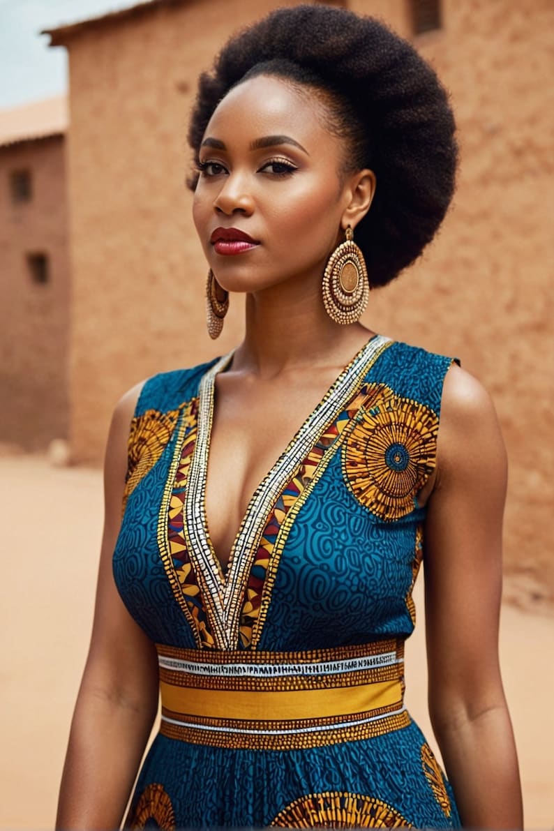 May include: A woman with dark brown skin and a large afro hairstyle wears a sleeveless dress with a deep V-neckline. The dress is teal blue with a yellow, orange, and white geometric pattern. She is wearing large gold hoop earrings.