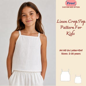 Girls Linen Crop Top Sewing Pattern, Summer Sarafan Blouse for kids, XS-4XL