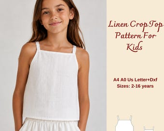 Patrón de costura para top corto de lino para niñas, blusa de verano Sarafan para niñas, de 2 a 16 años.