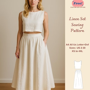 Linen Set Maxi Skirt and Boat Neck Crop Top Sewing Pattern, Women's Linen Set Dress, Linen Skirt Pattern, Linen Top for Women, XS-4XL