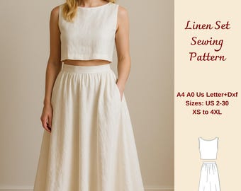 Linen Set Maxi Skirt and Boat Neck Crop Top Sewing Pattern, Women's Linen Set Dress, Linen Skirt Pattern, Linen Top for Women, XS-4XL