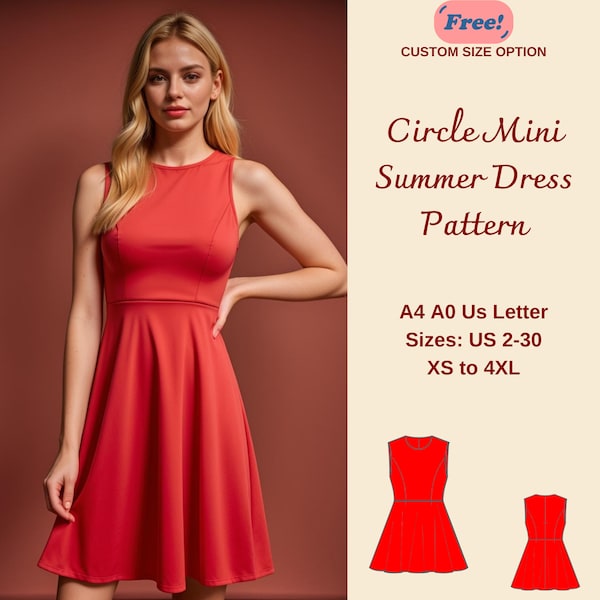 Kreis-Mini-Sommerkleid-Schnittmuster, Kreis-Kleid-Muster, ärmelloses Kleid, einfaches Kleid-Muster, elegantes Kleid-Muster, XS-4XL