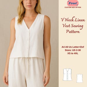 以下が含まれることがあります： 白いリネンのVネックベストを着た女性。画像には「V Neck Linen Vest Sewing Pattern」と「Sizes: US 2-30 XS to 4XL」というテキストが含まれています。