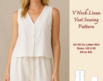 Linen Vest Sewing Pattern, Women's V-Neck Tank Top (XS-4XL) (PDF Pattern)