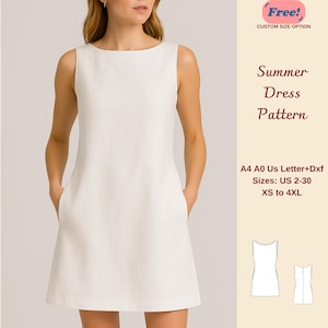 Op de afbeelding: Een mouwloze, witte zomerjurk met een boothals en zakken. De afbeelding bevat de tekst "Summer Dress Pattern" en "Free! Custom Size Option". Maten variëren van US 2-30 en XS tot 4XL.