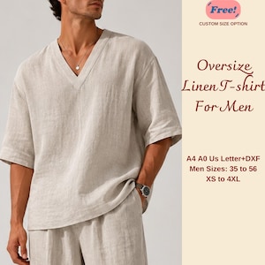 Può includere: Una t-shirt oversize in lino beige con scollo a V. Il testo sull'immagine recita: Free! CUSTOM SIZE OPTION, Oversize Linen T-shirt For Men, A4 A0 Us Letter+DXF, Men Sizes: 35 to 56, XS to 4XL.