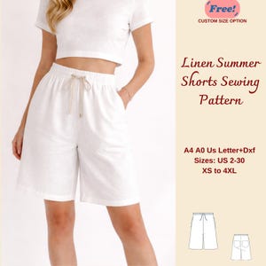 Może przedstawiać: Białe lniane szorty z talią ze sznurkiem, połączone z pasującym topem. Obraz zawiera tekst "Linen Summer Shorts Sewing Pattern" i rozmiary od XS do 4XL.